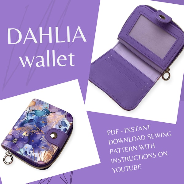 DAHLIA wallet - instant download sewing pattern with step-by-step VIDEO TUTORIAL, zip around bifold wallet, sewing pattern in English