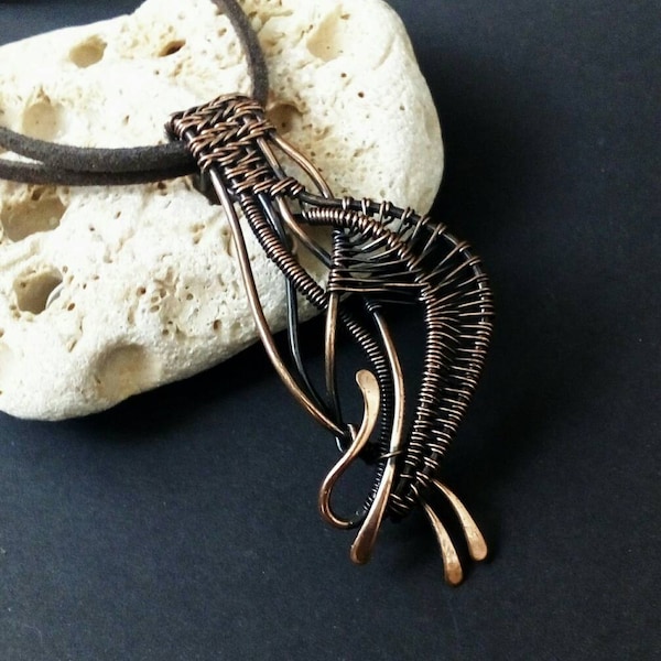 Abstract necklace Wire wrapped pendant Copper wirewrap pendant men Wire wrapped jewelry Unisex boho pendant Anniversary gift for husband