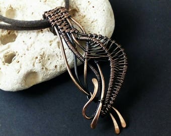 Abstract necklace Wire wrapped pendant Copper wirewrap pendant men Wire wrapped jewelry Unisex boho pendant Anniversary gift for husband