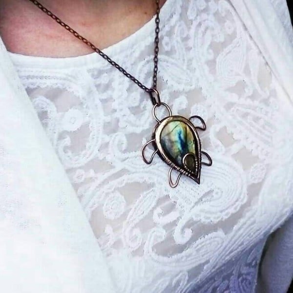 Tortue de mer collier labradorite Wrapping cuivre pendentif fil enroulé bijoux océan Maori amulette Boho Talisman pour homme cadeau pour femme animal