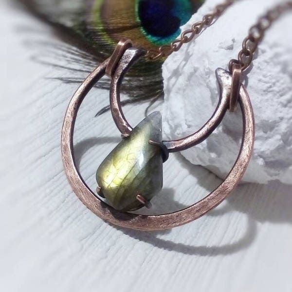 Crescent moon necklace with chain Labradorite pendant Wire wrapped jewelry Handmade textured copper amulet Wirewrap necklace Birthday gift