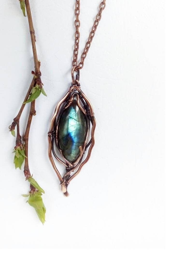 Ciondolo In Labradorite Rossa Con Filo Di Rame Avvolto, Gioielli - Foto 10