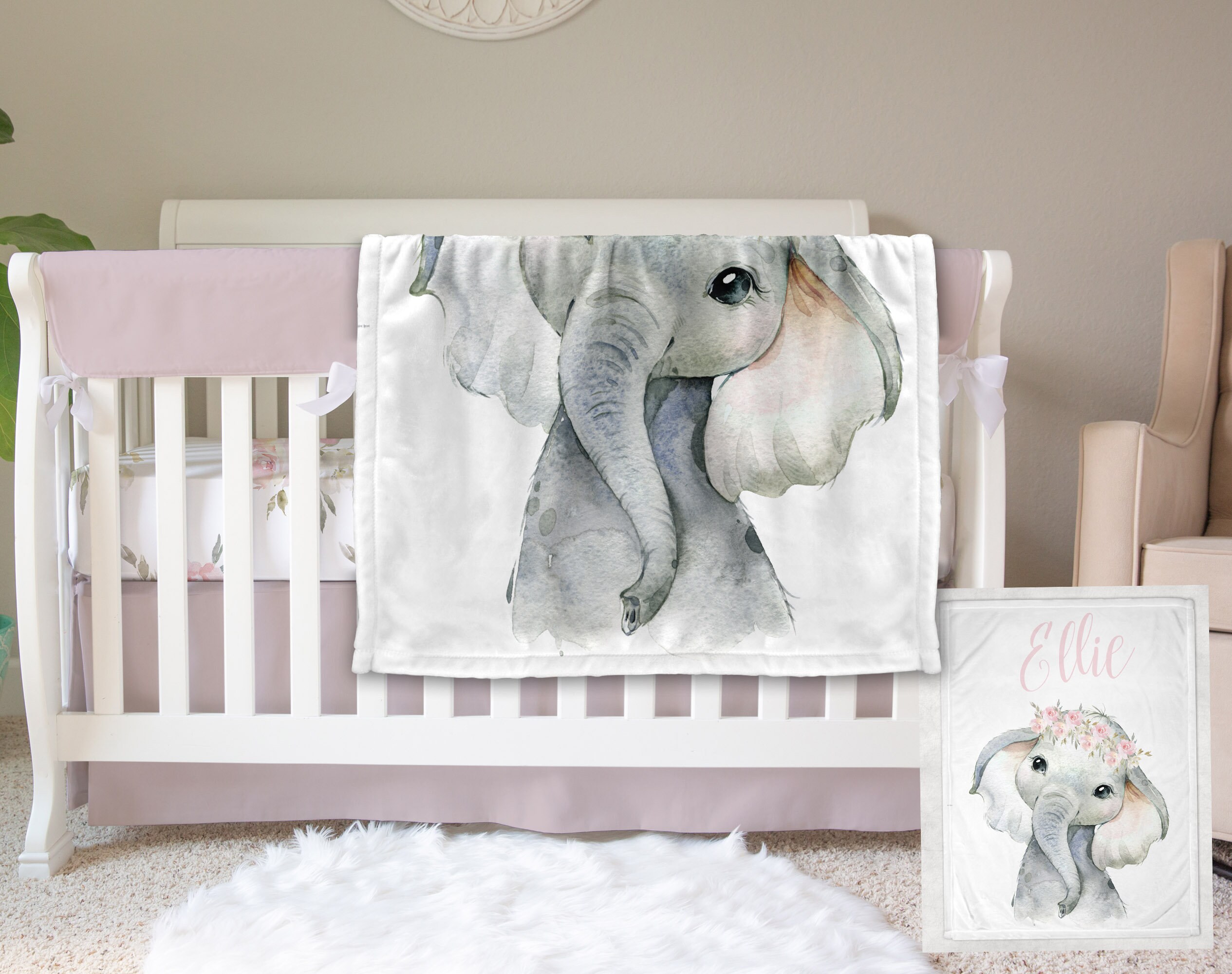 Pink Elephant Personalized Crib Bedding 