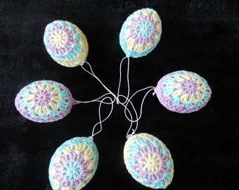 Six crocheted Easter eggs