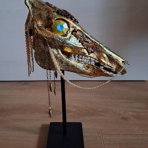 Pode incluir: Um crânio de animal pintado de ouro com enfeites decorativos, incluindo contas, correntes e joias. O crânio está montado em um suporte preto.