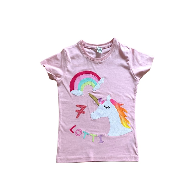 Geburtstagsshirt, Namensshirt, T-Shirt, Mädchen, benäht, Applikation, REGENBOGEN, Einhorn, Zahl personalisierbar, ab Gr.92