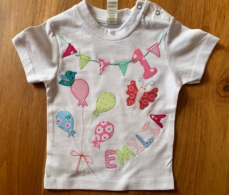 Geburtstagsshirt Namensshirt Mädchen Applikation Luftballons Geburtstagszahl Namen T-Shirt ab Gr.74 Bild 1