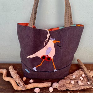 Maritime, wertige Strandtasche, Badetasche, XXL, mit Applikation Möwe, Baumwoll-Canvas,  Reißverschluß-Innenfach und Steckfach, Markttasche
