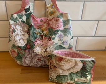 Schultertasche, tote bag,  Umhängetasche, Beutel, Beuteltasche, Einkaufstasche/ H32 B40 T15 geblümt, Innentasche, versandfertig