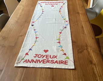 Tischläufer, Joyeux Anniversaire, Geburtstag, Deko, Tischdekoration,  Geburtstag Party, Kindergeburtstag, Applikation, 45 x 140