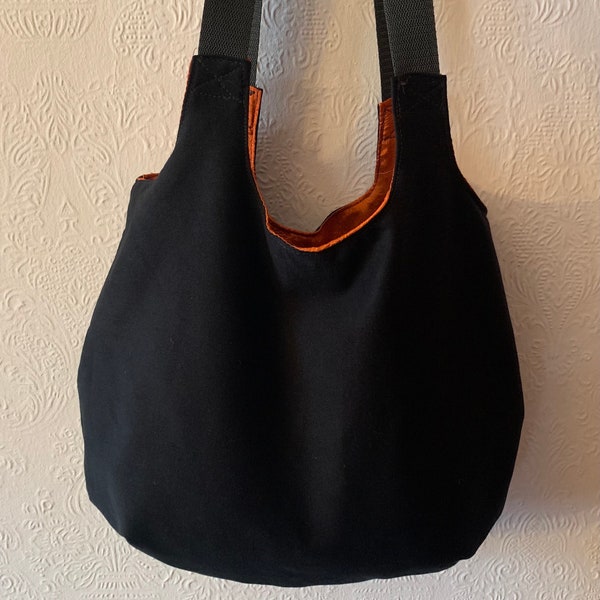 Schultertasche, tote bag,  Umhängetasche, Beutel, Beuteltasche, Einkaufstasche/ schwarzer Canvas, H32 B40 T15 , Innentasche, versandfertig