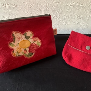 Kosmetiktasche, Kosmetikbeutel, Kulturbeutel mit passender Minitasche/Schlüsseltäschchen, Geschenkset, weinrot, hochwertiger Canvas