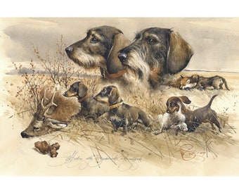 Hunting with dachshunds in Hazelglade"  Signed Author's Print, Dog Art, Hunting Decor, Dachshund gift, Dachshund art, Doxie, Dachshund print