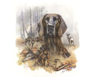 Lámina de acuarela firmada de un sabueso hannoveriano: Arte de perros de caza