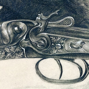 May include: Close-up of a detailed, engraved shotgun with a bird design on the side. The shotgun is made of metal and has a dark grey finish.