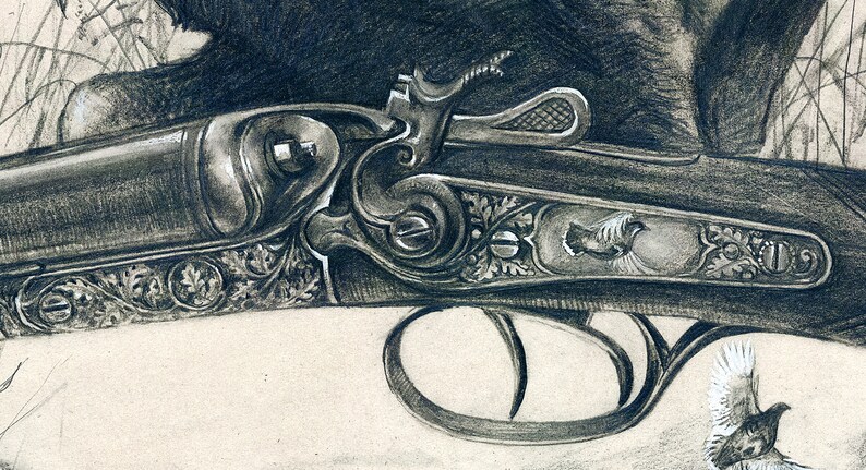 May include: Close-up of a detailed, engraved shotgun with a bird design on the side. The shotgun is made of metal and has a dark grey finish.
