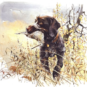 May include: A brown and black hunting dog with a bird in its mouth, standing in tall grass with a blurred background of trees and sky.