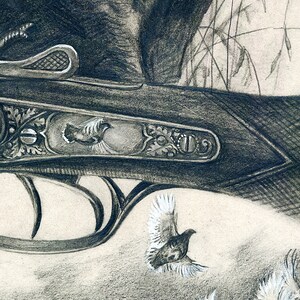 May include: A close-up of a black shotgun with intricate engravings. The shotgun has a wooden stock and a metal barrel. The engraving on the shotgun features a bird in flight. The shotgun is lying on a light brown surface.