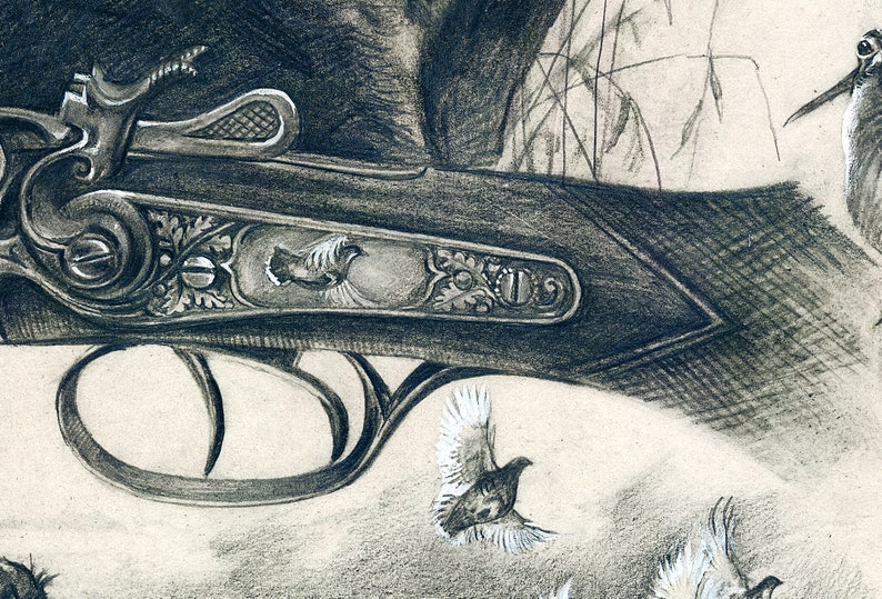 May include: A close-up of a black shotgun with intricate engravings. The shotgun has a wooden stock and a metal barrel. The engraving on the shotgun features a bird in flight. The shotgun is lying on a light brown surface.