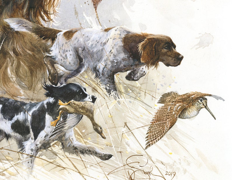 Munsterlanders My Hunting Friends Watercolor Print Dog Art Munsterlander Hunting Gift Munsterlander Art Kleiner Munsterlander Hunting - 