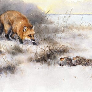 Volpe e pernici. La caccia silenziosa / Giclée autografata dall'autore di Valery Siurha / Stampa ad acquerello di animali selvatici / Arte con animali della foresta