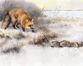 Stampa giclée firmata "Volpe e pernici": arte ad acquerello naturalistica