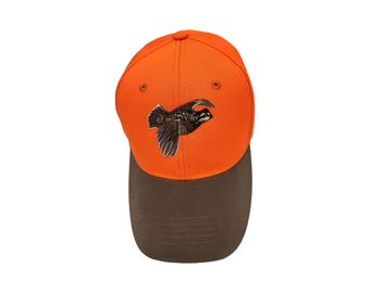 Orange Hunting Hat: Embroidered Quail Bird, Reflective Detail