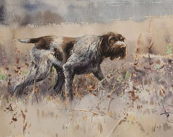 Stampa artistica ad acquerello di un Pointer tedesco a pelo duro: decorazione per la casa con cane da caccia