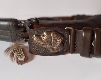 Cintura in pelle bretone Epagneul: fibbia a cane in bronzo, pelle di vitello lavorata a mano