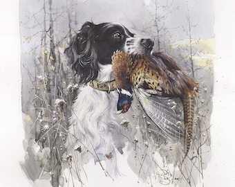 English Setter Winter Pheasant Art: Signed Watercolor Print
