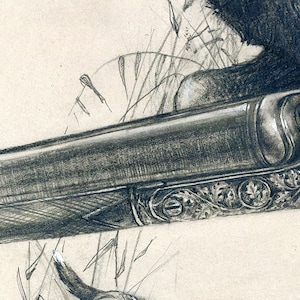 May include: A close-up of a detailed drawing of a shotgun with intricate engravings on the side. The shotgun is drawn in shades of grey on a white background.