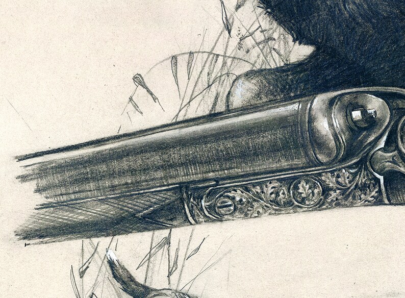 May include: A close-up of a detailed drawing of a shotgun with intricate engravings on the side. The shotgun is drawn in shades of grey on a white background.
