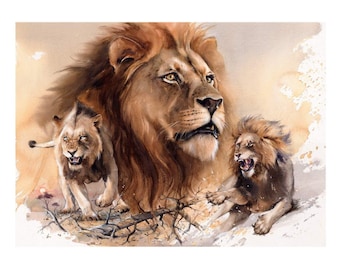 Stampa giclée firmata "Famiglia di leoni": acquerello in edizione limitata, arte naturalistica africana, stampa ad acquerello rifinita a mano.