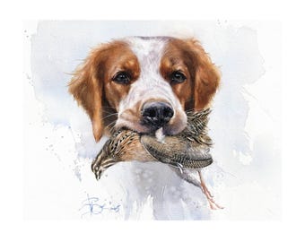 Stampa di un Brittany Spaniel: cane con quaglia, opera d'arte giclée firmata.