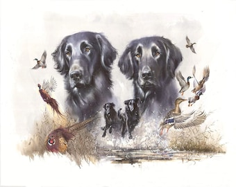 Stampa giclée ad acquerello di un Flat-Coated Retriever: arte del cane da caccia agli uccelli acquatici