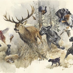 German Wirehaired Pointer Watercolor Print: Deer Hunt Art (50x70 cm)