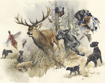 Stampa ad acquerello di un Pointer tedesco a pelo duro: Caccia al cervo (50 x 70 cm)