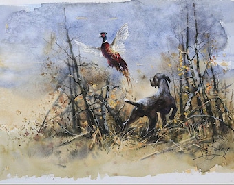 May include: A watercolor painting of a brown and white pheasant in flight, with a black and white hunting dog standing in the brush below. The background is a hazy blue sky with brown and green brush.