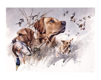 Guardiano degli uccelli acquatici / Stampa artistica Labrador / Acquerello di caccia alle anatre / Decorazione murale di uccelli acquatici / Dipinto di fauna selvatica di Retriever