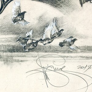May include: A black and white pencil drawing of five birds in flight. The birds are drawn with detail and realism. The drawing is signed and dated "2018".