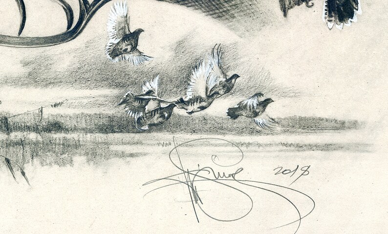May include: A black and white pencil drawing of five birds in flight. The birds are drawn with detail and realism. The drawing is signed and dated "2018".