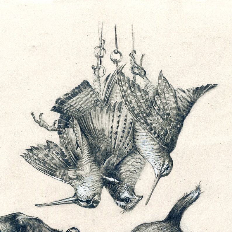 May include: A black and white pencil drawing of two birds hanging by their feet from a chain. The birds are facing each other and their wings are spread out.