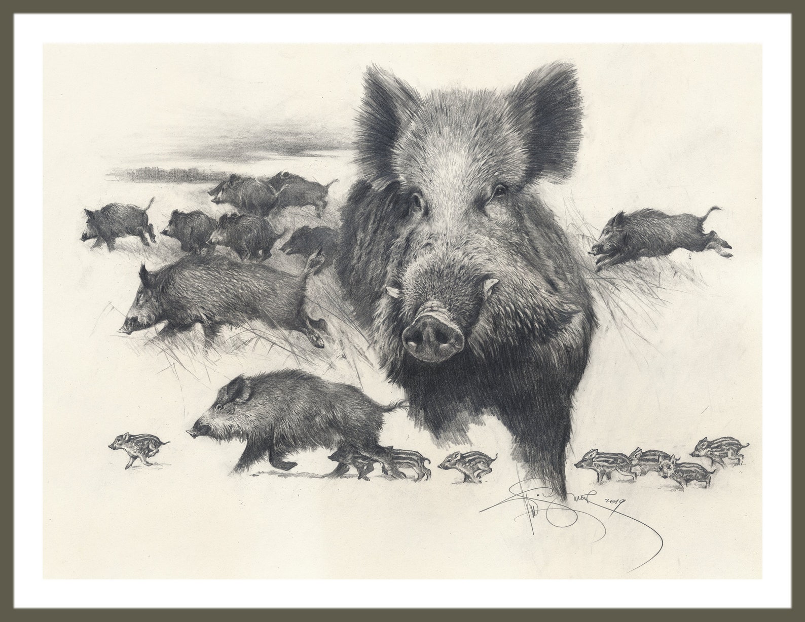 Wild Boars Hunt Dessin graphique Signé Estampe de lauteur | Etsy France