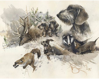 Wirehaired Dachshund Hunting Art Print: Signed Limited Edition