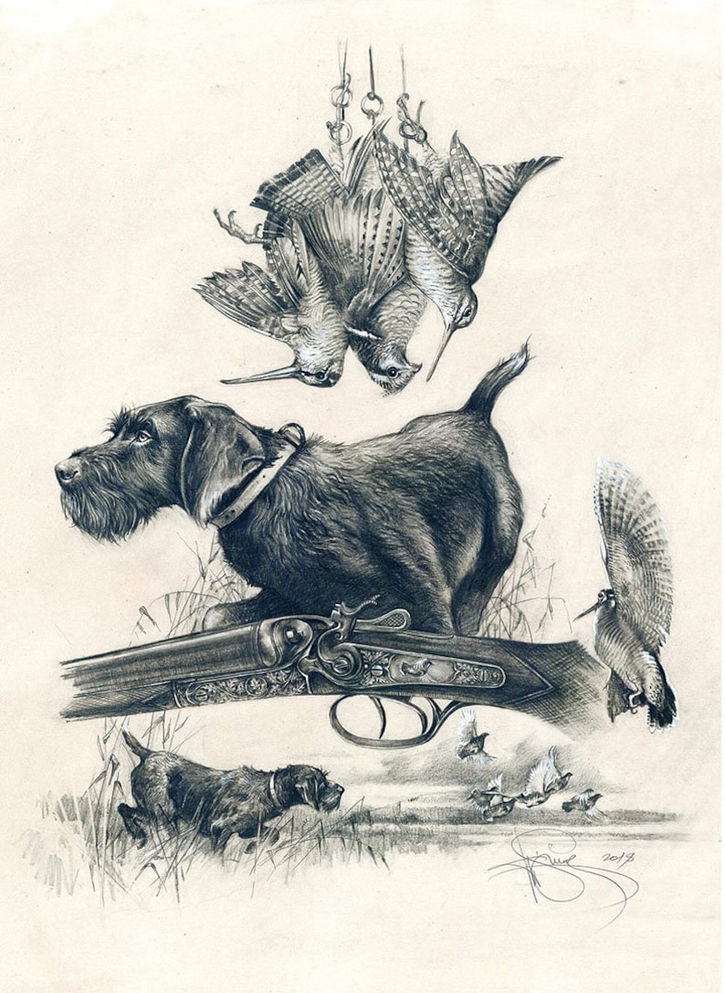 May include: A black and white drawing of a hunting scene featuring a dog, a shotgun, and several birds. The dog is standing on the shotgun, and the birds are suspended from a chain.