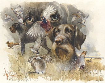 Wirehaired Pointer Aquarelldruck: Signierte Drahthaar Jagdkunst