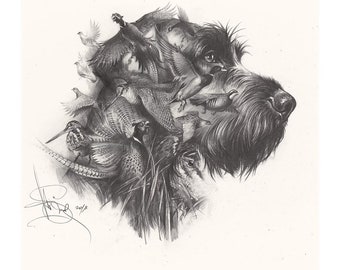 Lámina de acuarela de un Braco Alemán de Pelo Duro, Arte de Perros de Caza, Decoración de Cabaña