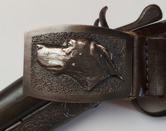 ポインター犬用ベルト：ブロンズ製バックル、カーフスキンレザーベルト