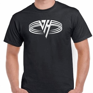 May include: A black t-shirt with a white logo of a stylized "VH" with a circle around it.