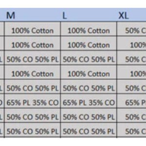 K&ouml;nnte beinhalten: Eine Tabelle, die die Stoffzusammensetzung verschiedener Farben von Hemden in verschiedenen Gr&ouml;&szlig;en zeigt. Die Gr&ouml;&szlig;en sind S, M, L, XL, 2XL und 3XL. Die Farben sind Wei&szlig;, Rot, Heidelbeer-Aprikose, Marineblau, Heidelbeer-Rotbraun, Sportgrau, Heidelbeer-Rosette und Heidelbeer-Anthrazit.